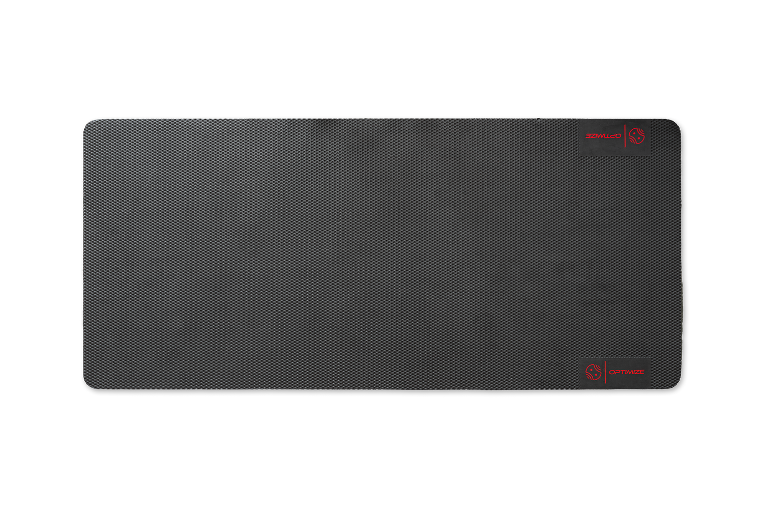 Die „Indoor Matte“ von Optimize GmbH ist eine große, rechteckige, schwarze Schreibtischunterlage mit strukturierter Oberfläche, abgerundeten Ecken und dezenten roten Aufdrucken – eine ideale Trainingsmatte für jeden Arbeitsplatz.