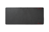 Die „Indoor Matte“ von Optimize GmbH ist eine große, rechteckige, schwarze Schreibtischunterlage mit strukturierter Oberfläche, abgerundeten Ecken und dezenten roten Aufdrucken – eine ideale Trainingsmatte für jeden Arbeitsplatz.