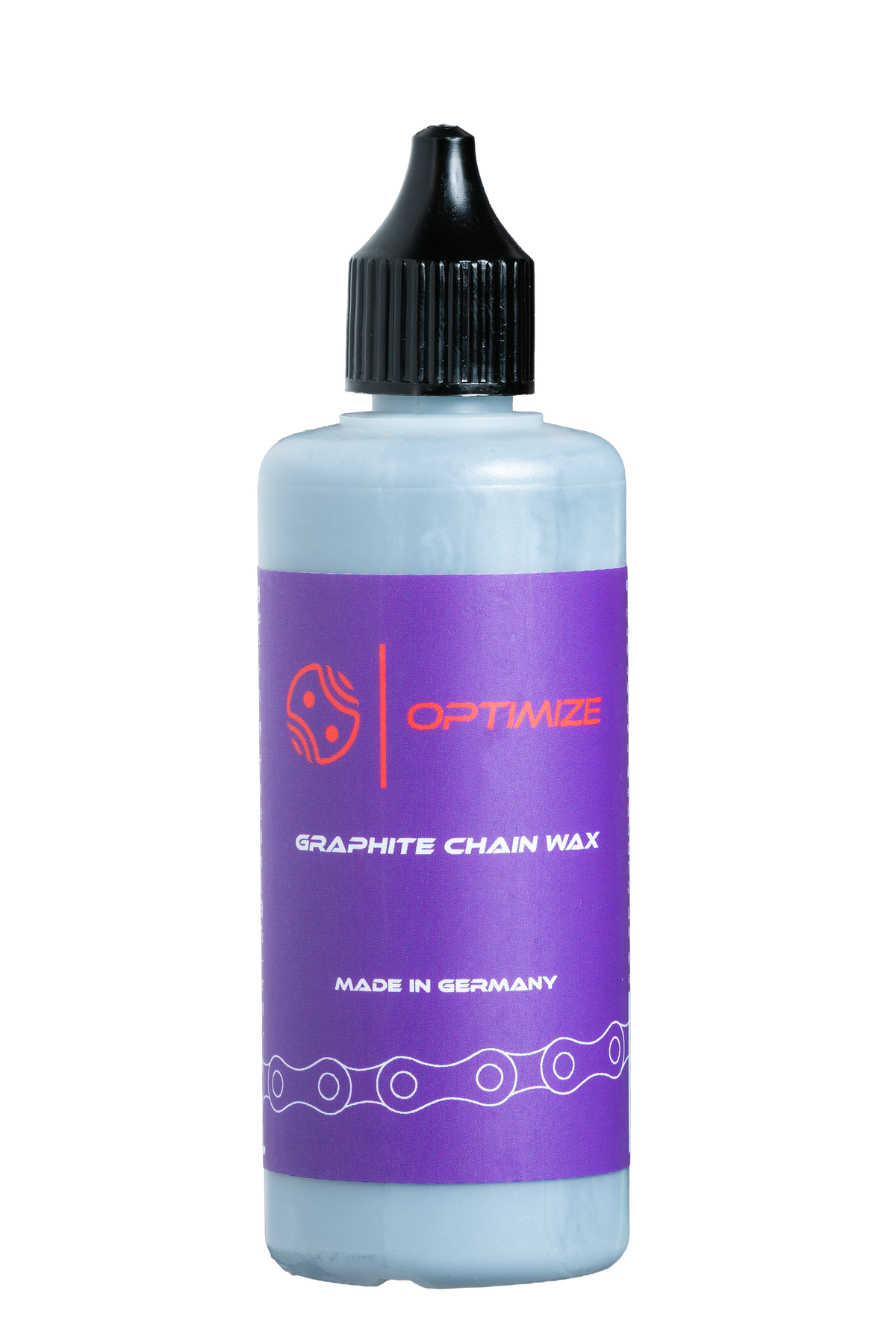Eine Flasche Optimize Graphit-Kettenwachs von Mein Shop hat ein violettes Etikett, eine schwarze Verschlusskappe, den weißen Schriftzug Made in Germany und unten eine abgebildete Fahrradkette.