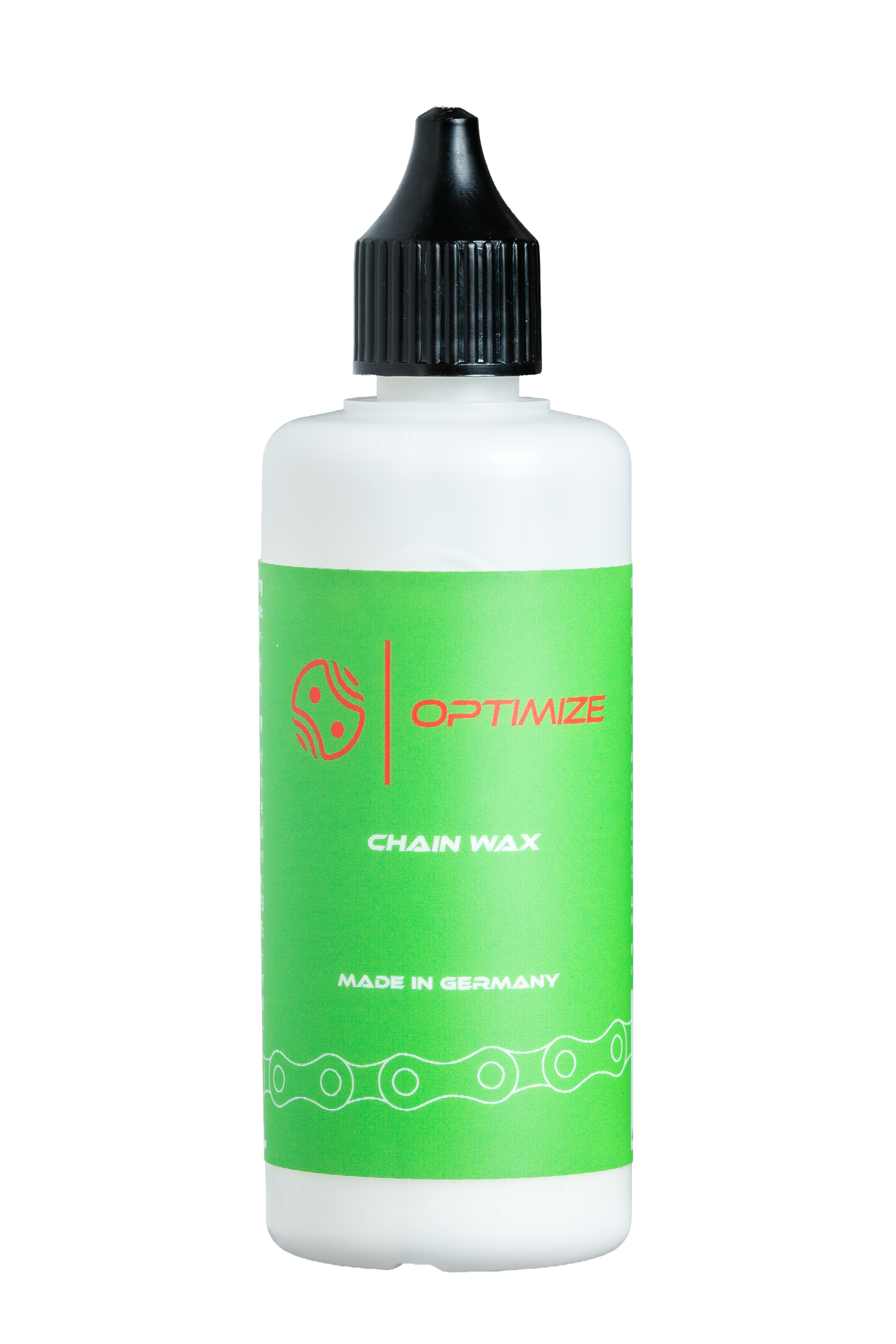 Eine weiße Flasche mit schwarzer Ausgießspitze und grünem Etikett mit der Aufschrift Optimize Kettenwachs by Mein Shop, auf dem unten CHAIN WAX MADE IN GERMANY sowie eine Kettengrafik zu sehen sind.
