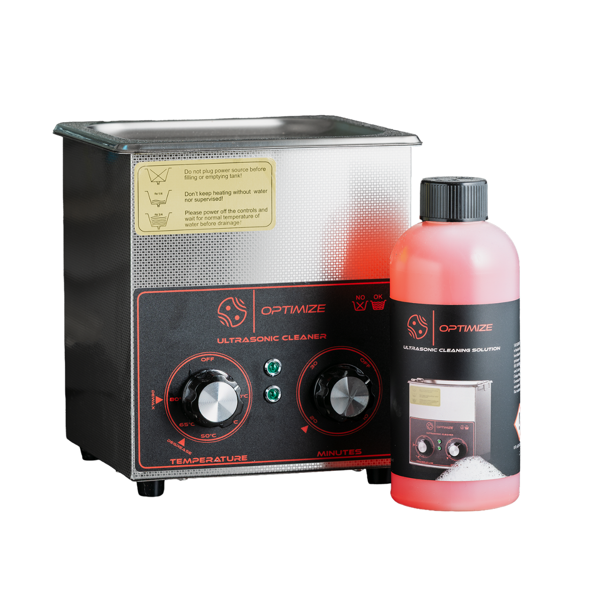 Ein Fast Bundle-Ultraschallbad – das Set mit den Bedienknöpfen steht neben einer Flasche mit rosa Reinigungslösung für die Ultraschallreinigung der Fahrradkette. Auf dem Etikett der Flasche ist der Reiniger abgebildet.