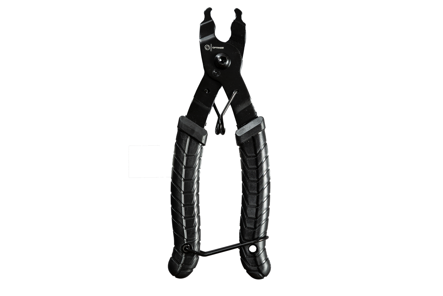 Optimize Basic Kettenschloss Zange von Optimize GmbH, schwarze Hauptgliederzange mit strukturierten Griffen, hochkant auf weißem Grund. Entwickelt für die einfache Montage und Demontage von Fahrradkettenhauptgliedern.