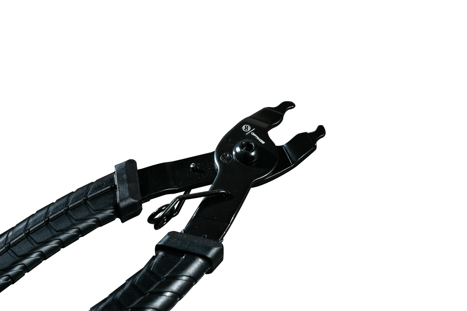 Eine Nahaufnahme der Optimize GmbH Optimize Basic Kettenschloss Zange, eine schwarze Zange mit strukturierten Griffen und gezahnten Backen, teilweise geöffnet und vor einem schlichten weißen Hintergrund dargestellt, um die Metallkonstruktion hervorzuheben.