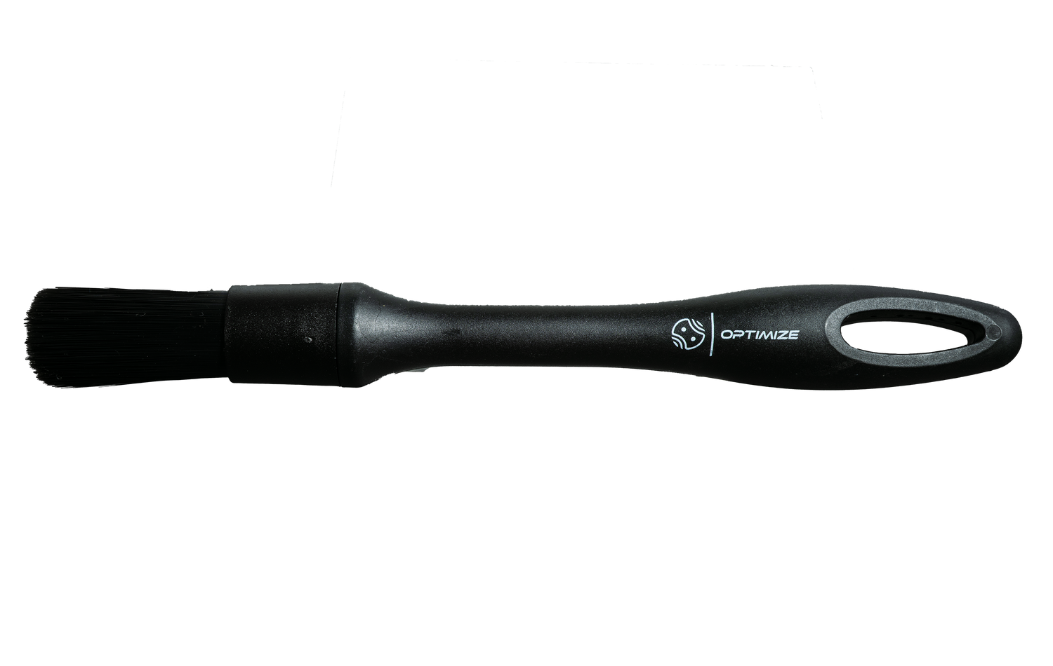 Eine schwarze Reinigungsbürste mit der Aufschrift Optimize Entfettungsset von Fast Bundle, mit synthetischen Borsten, einem Kunststoffgriff mit Aufhängeloch. Perfekt für die Verwendung in jedem Kettenentfetter oder Antriebsstrang-Reinigungsset. Abgebildet auf weißem Hintergrund.