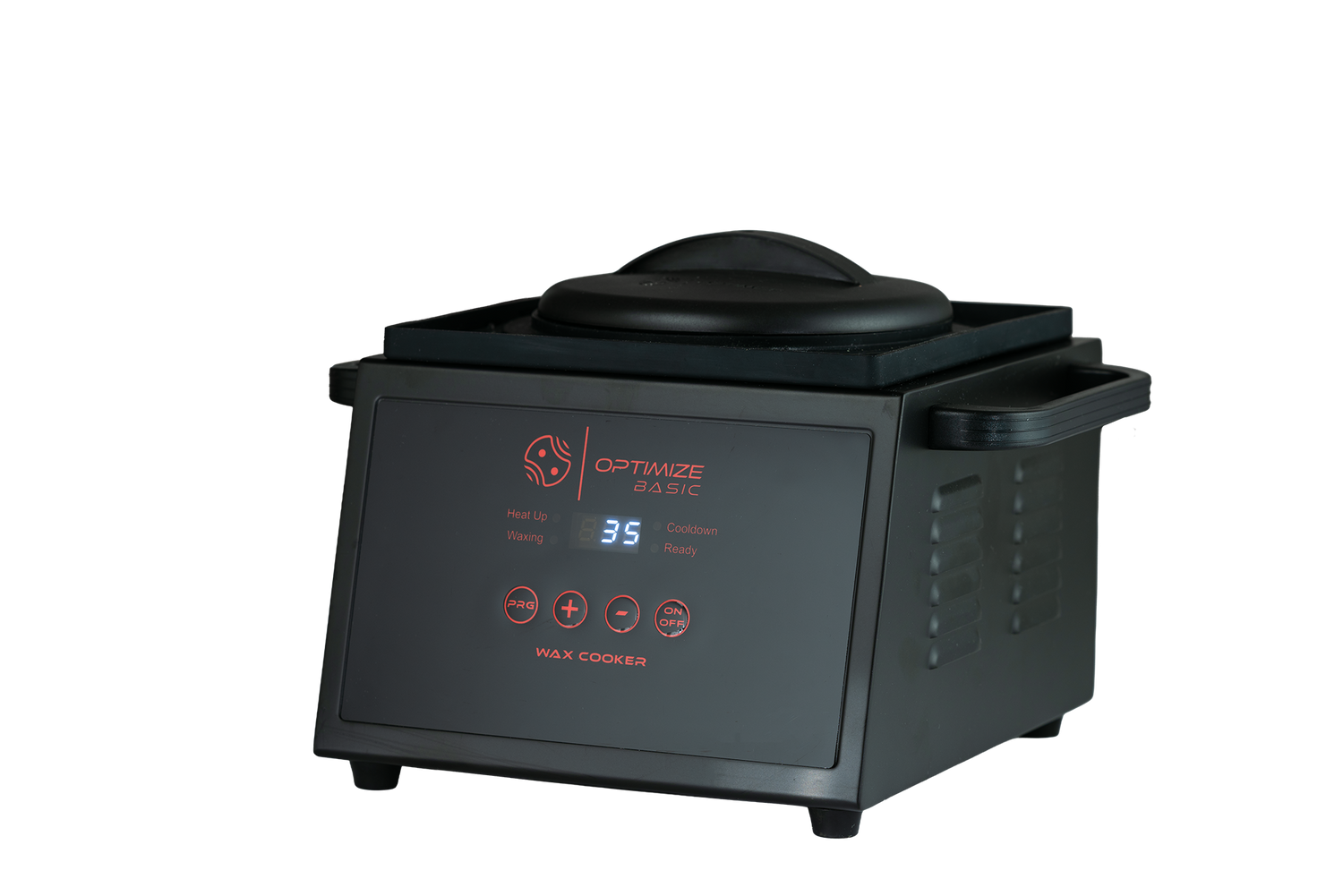 Ein schwarzer Optimize GmbH Silikonauflage Automatischer Wachskocher mit digitaler Anzeige, Bedienelementen und seitlichen Griffen wird auf weißem Hintergrund dargestellt. Kommt mit einer praktischen Silikonmatte für saubere, effiziente Wachssitzungen.